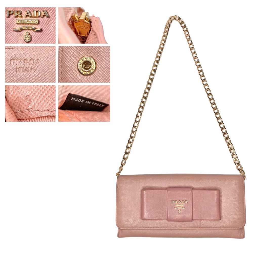 Authentic PRADA Light Pink Saffiano Leather Bow Wallet no gold chain